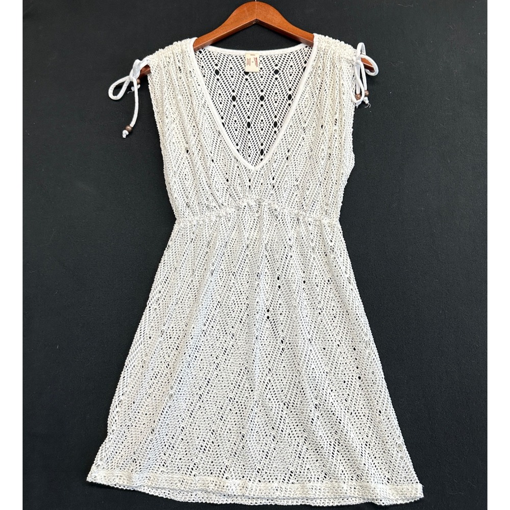 Arizona Jeans White Crochet Swim Cover Up Dress V-Neck Boho Beaded Small